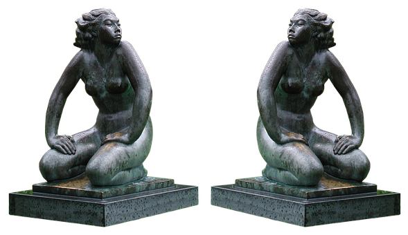 Bronze Mermaid Statue Twin Views PNG with transparent background