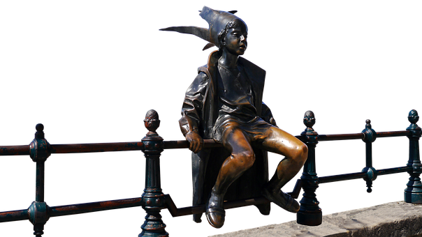 Bronze Statue Boy Sitting Fence PNG with transparent background