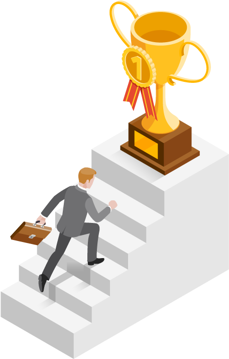 Businessman Climbing Stairs Towards Trophy