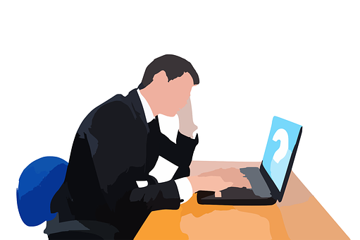 Businessman Contemplating Questionat Computer PNG with transparent background