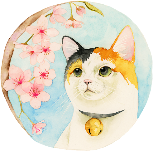 Calico Cat Cherry Blossoms Illustration