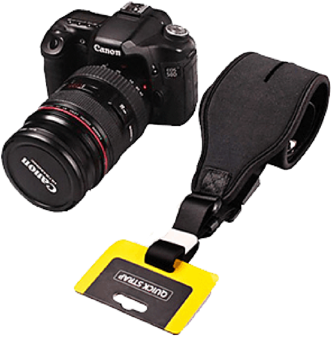 Canon D S L R Camerawith Red Ring Lensand Black Strap PNG with transparent background