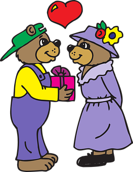 Cartoon Bears Sharing Gift Love Heart