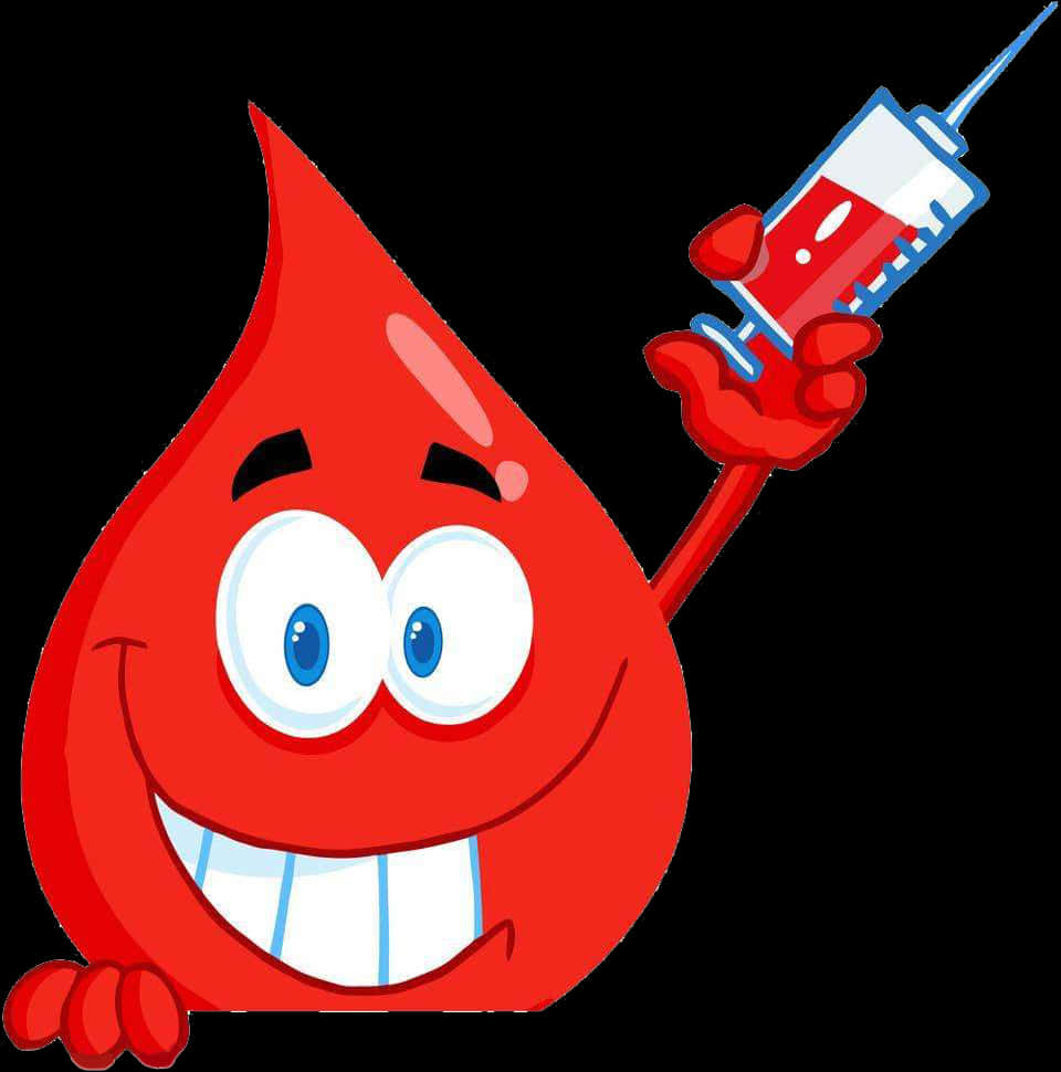 Cartoon Blood Drop Holding Syringe