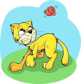 Cartoon Catand Bird Illustration PNG with transparent background