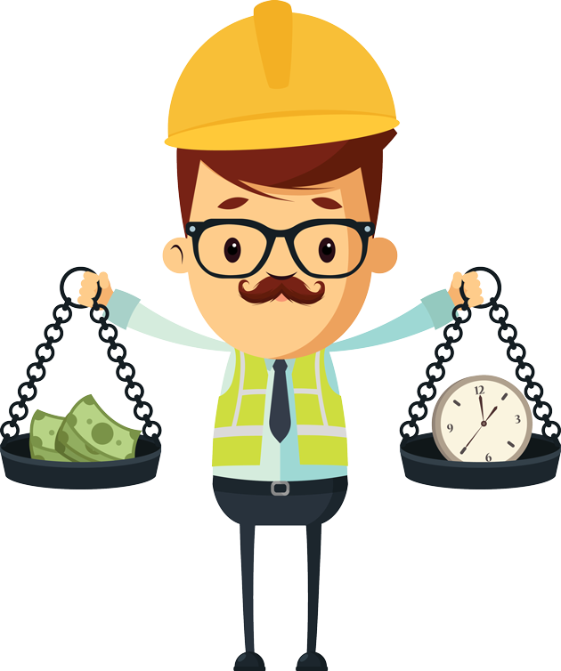 Cartoon Construction Worker Balancing Timeand Money