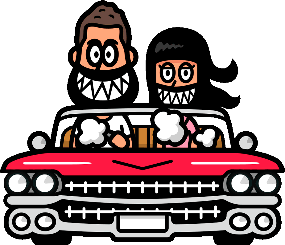 Cartoon Couple Driving Red Car