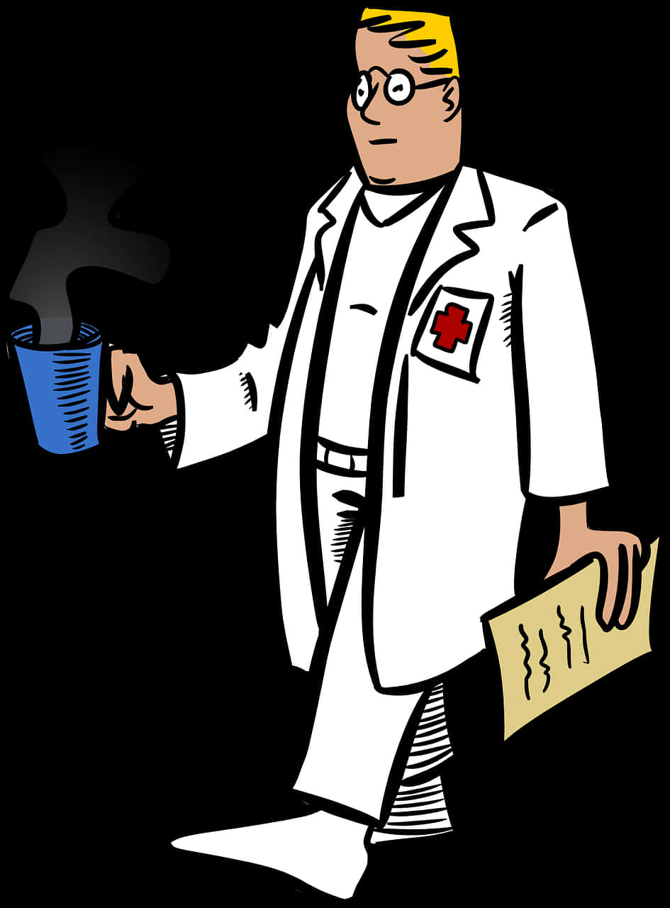 Cartoon Doctor Holding Steaming Cup