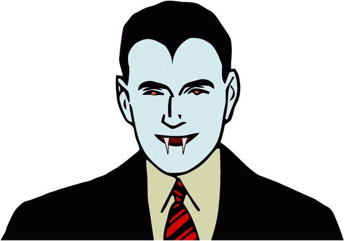 Cartoon Dracula Smiling Fangs Red Eyes