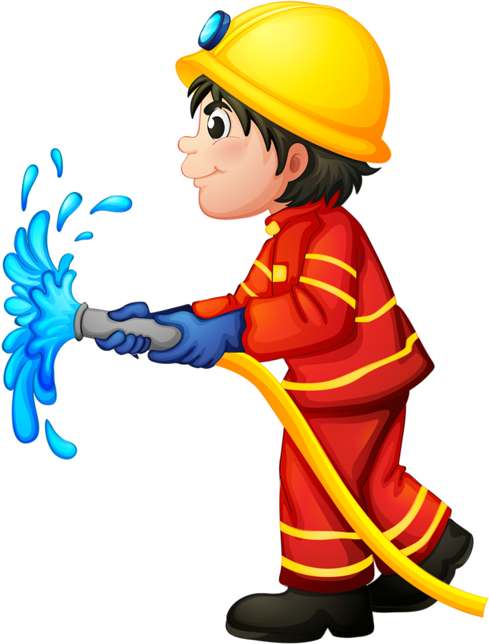 Cartoon Firefighter Spraying Water