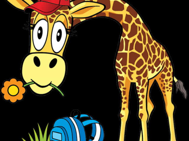 Cartoon Giraffe With Flowerand Backpack