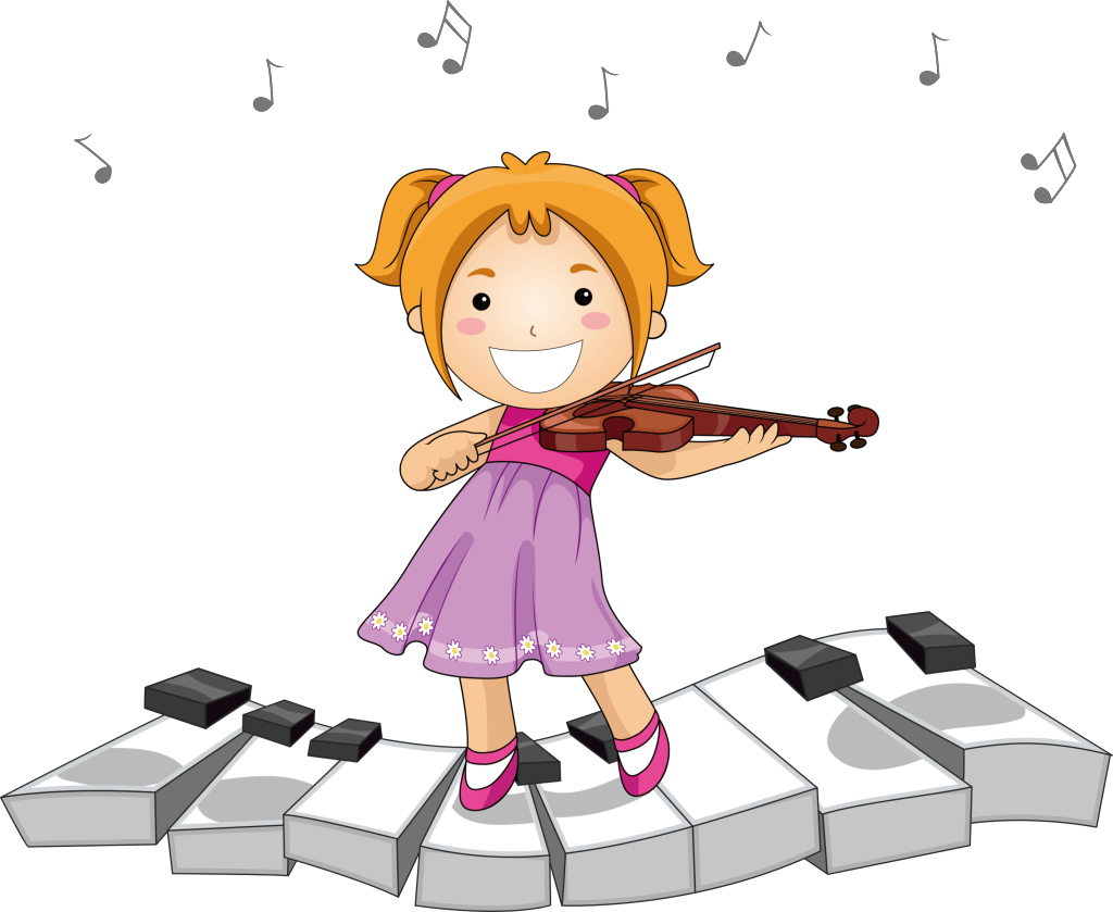 Cartoon Girl Playing Violinon Piano Keys