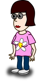 Cartoon Girlwith Glassesand Flower Shirt