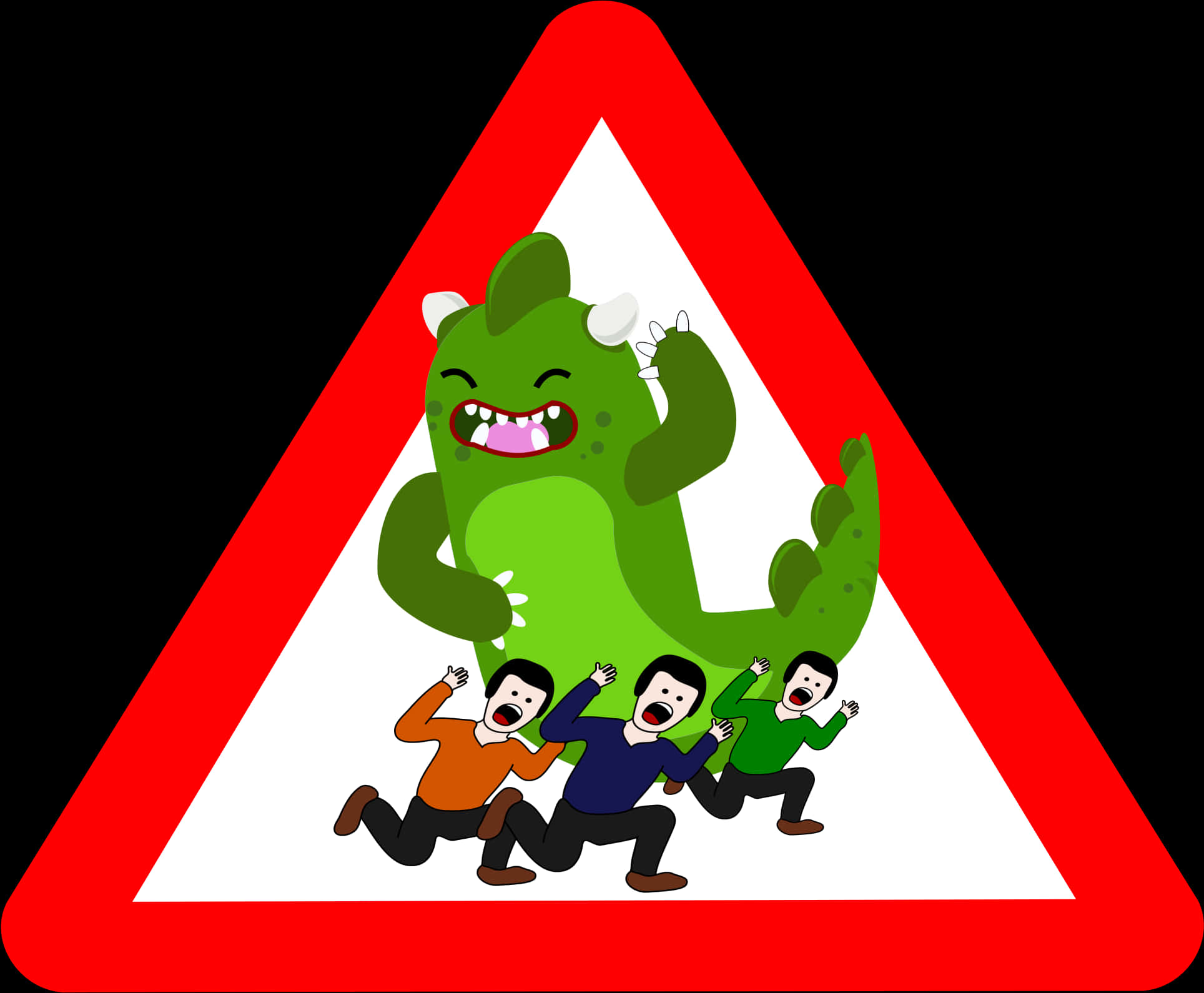 Cartoon Godzilla Chasing People Sign PNG with transparent background