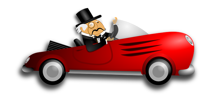 Cartoon Monopoly Man Driving Red Car