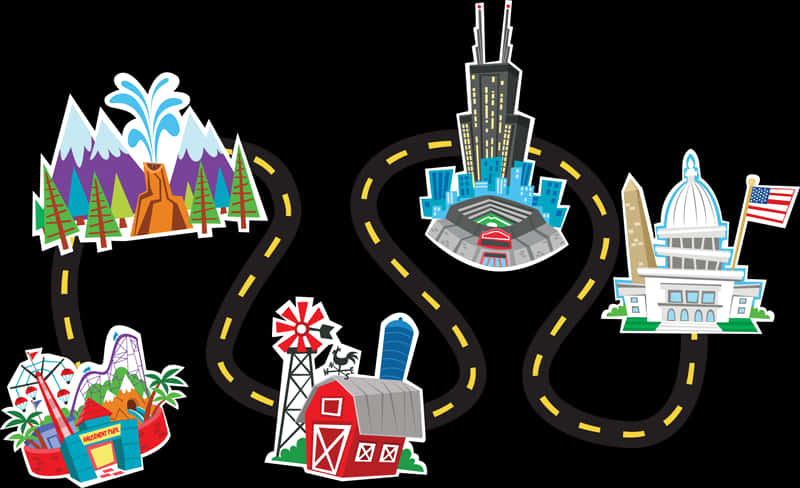 Cartoon Road Trip Attractions PNG with transparent background