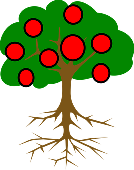 Cartoon Tree With Rootsand Fruit