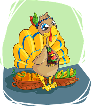 Cartoon Turkey With Harvest Basket PNG with transparent background