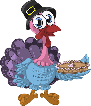 Cartoon Turkeywith Pie PNG with transparent background