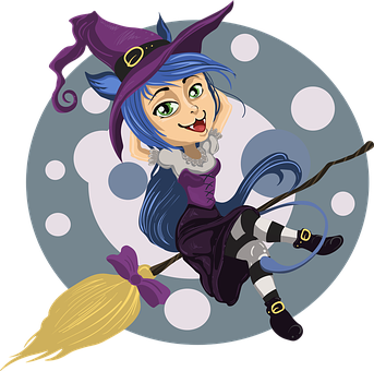 Cartoon Witch Flyingon Broomstick PNG with transparent background