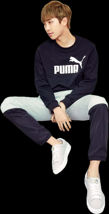 Casual Puma Outfit Sitting Pose PNG with transparent background