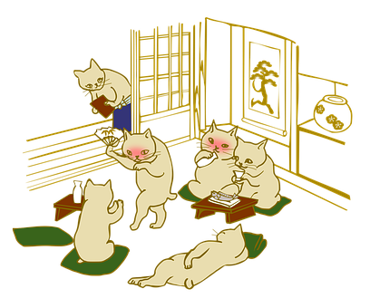 Cats Enjoying Tea Ceremony PNG with transparent background