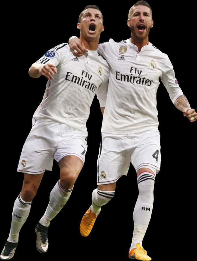 Celebratory Moment Cristiano Ronaldoand Teammate PNG with transparent background