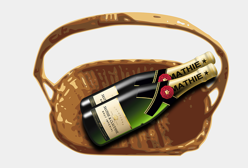 Champagne Bottlein Wicker Basket PNG with transparent background
