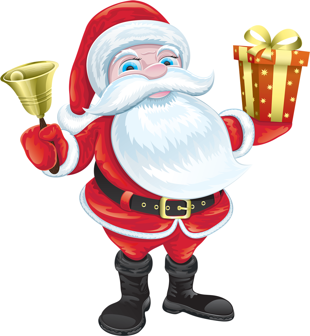 Cheerful Santa Clauswith Belland Gift PNG with transparent background