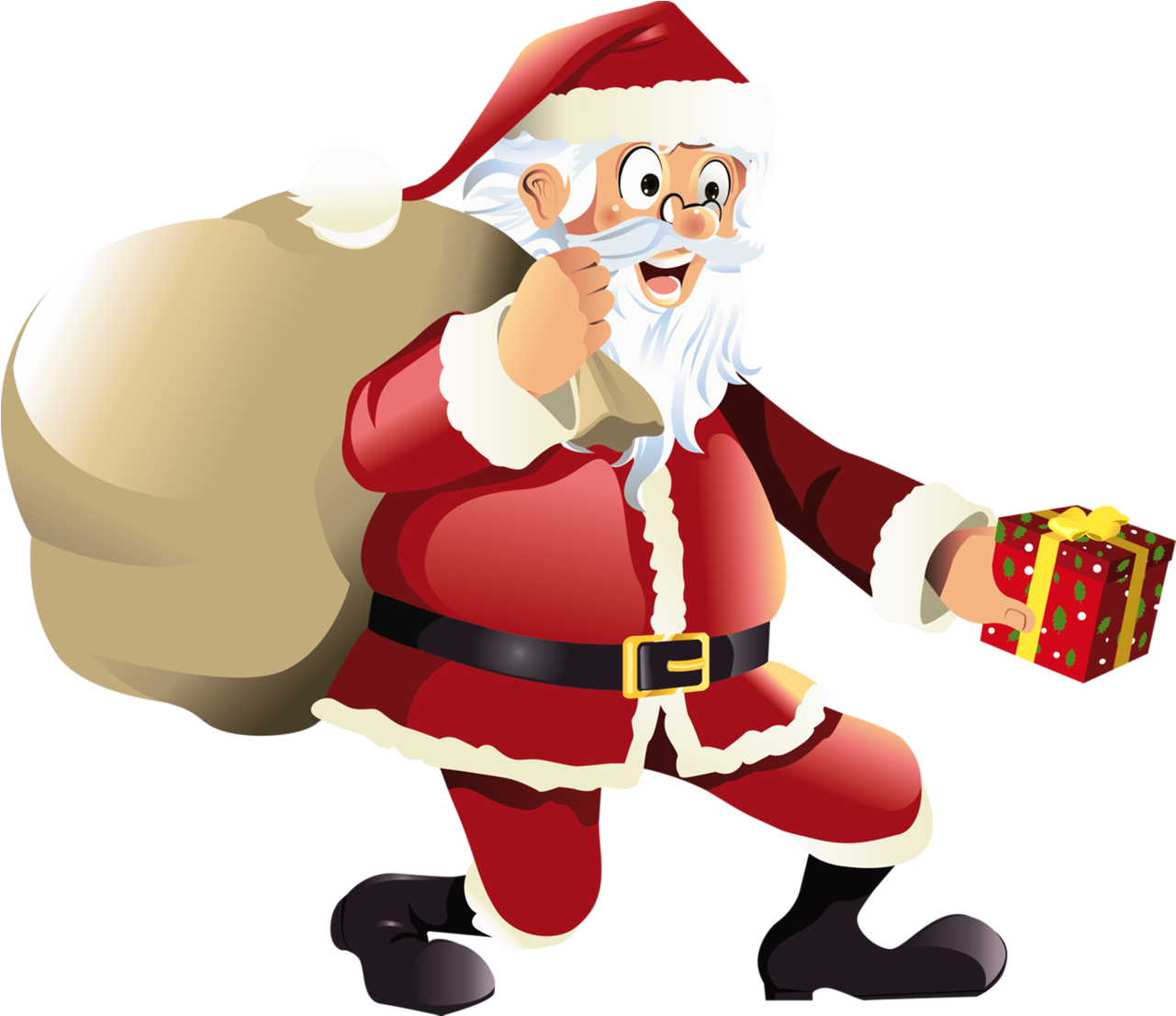 Cheerful Santa Clauswith Gift PNG with transparent background