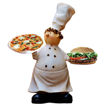Chef Figurinewith Pizzaand Burger PNG with transparent background