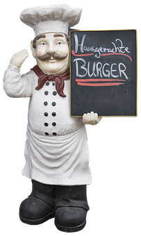 Chef_ Statue_ Holding_ Burger_ Sign