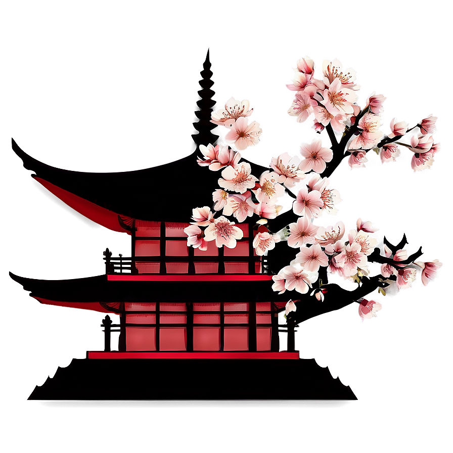 Cherry Blossom And Pagoda Silhouette Png Fqu97