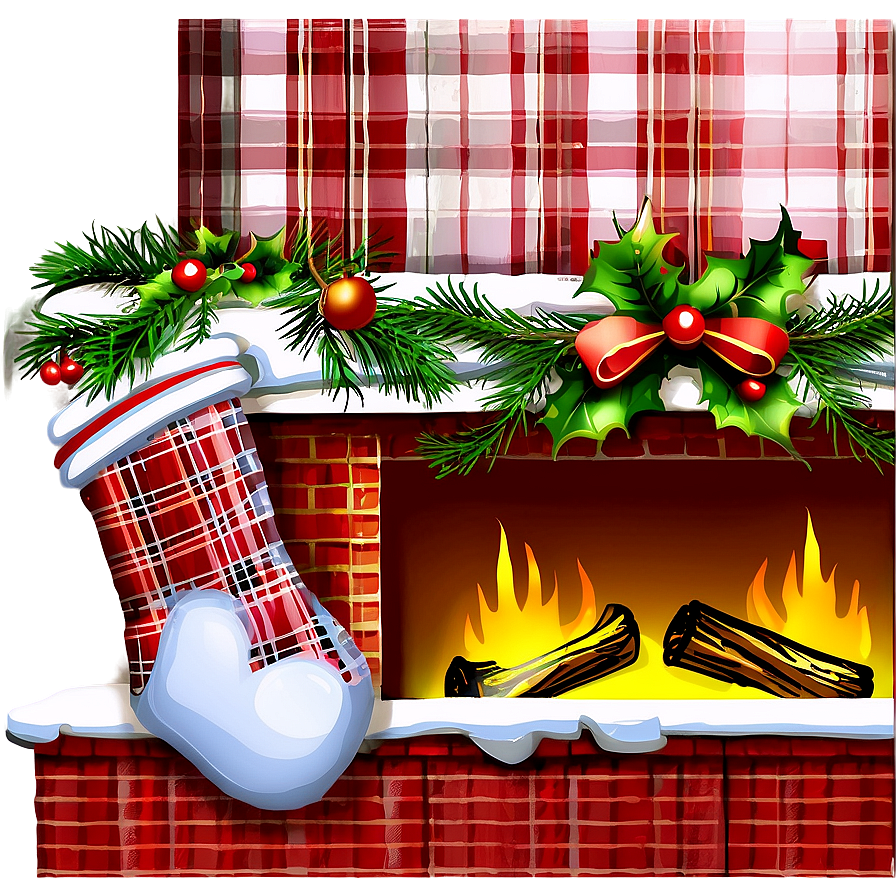 Christmas Fireplace With Plaid Decor Png Xbk43