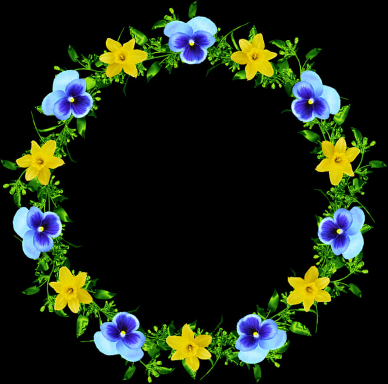Circular Floral Frame Yellow Blue Flowers PNG with transparent background