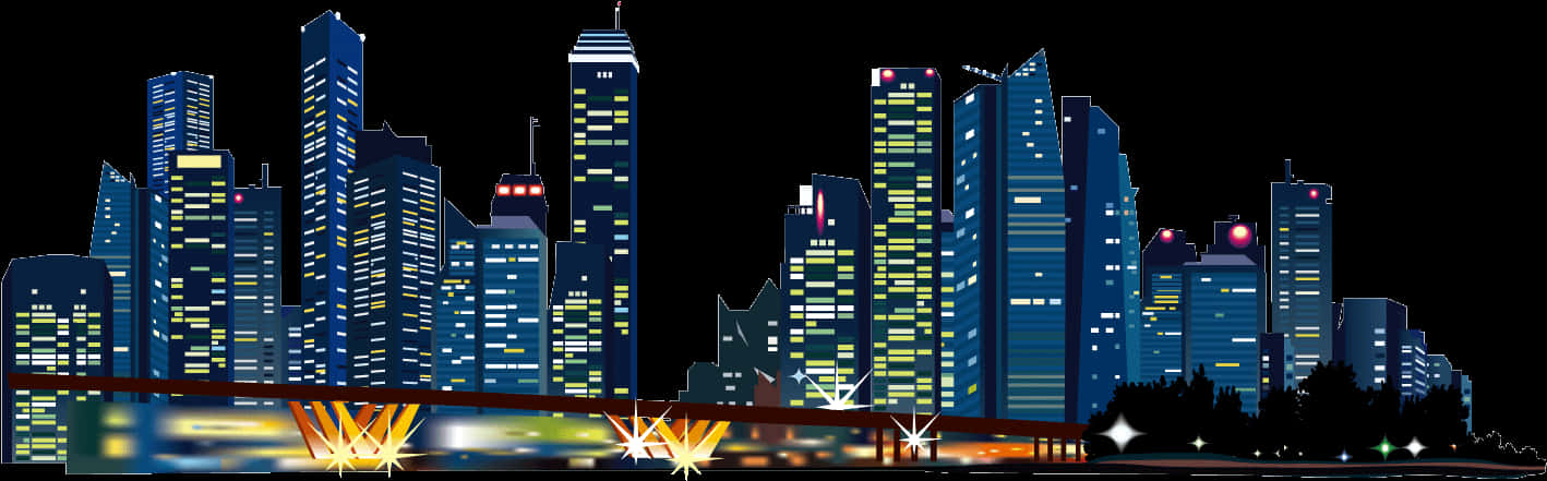 City Skyline Night Illustration PNG with transparent background