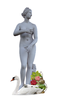 Classical Statuewith Swanand Flowers PNG with transparent background