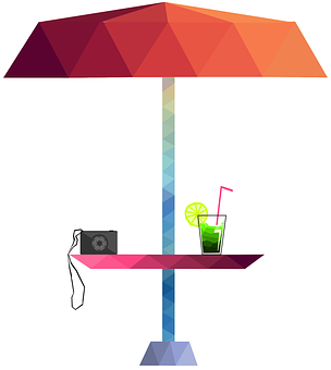 Colorful Beach Umbrellaand Relaxation Items PNG with transparent background