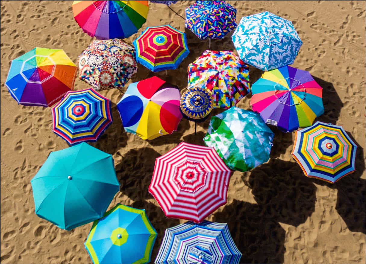 Colorful Beach Umbrellas Aerial View