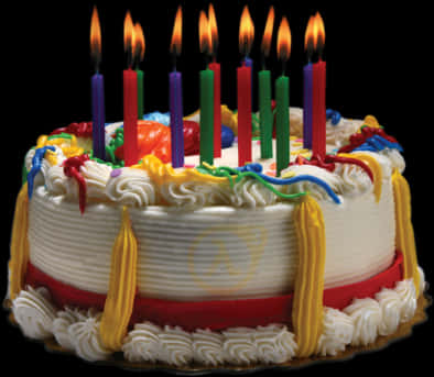 Colorful Birthday Cakewith Lit Candles PNG with transparent background
