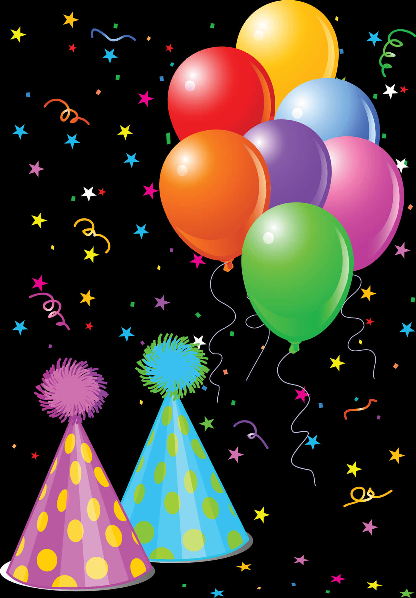 Colorful Birthday Party Hatsand Balloons PNG image with a transparent background, free high-resolution download