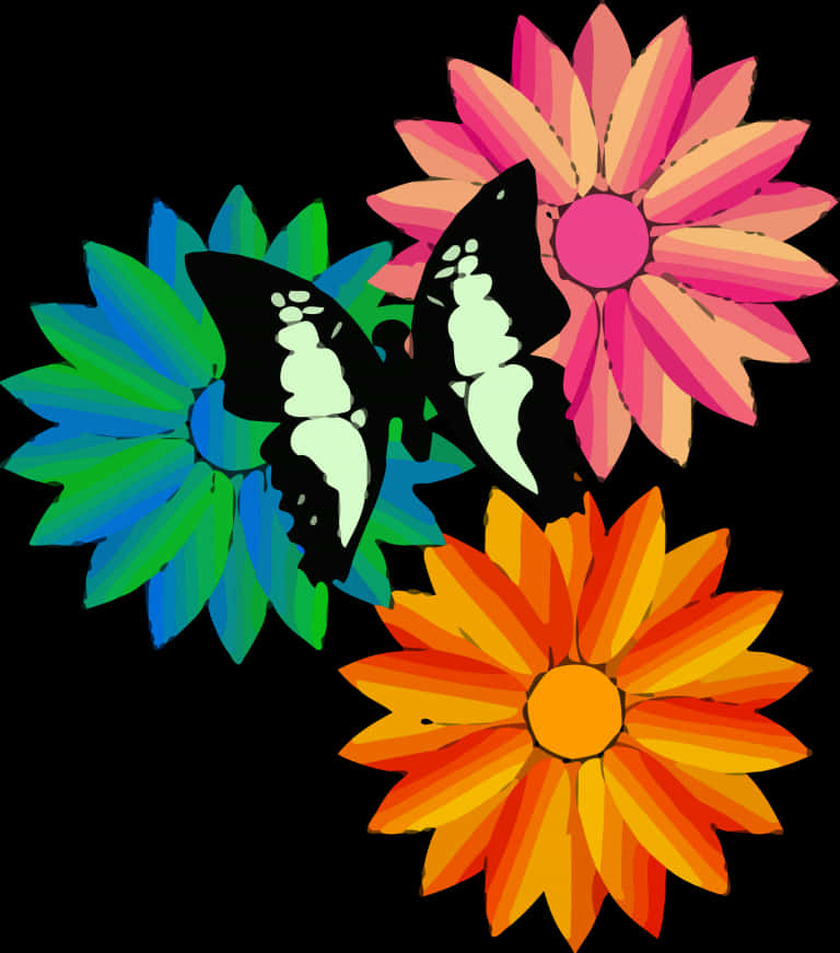 Colorful Butterfliesand Flowers Illustration PNG with transparent background