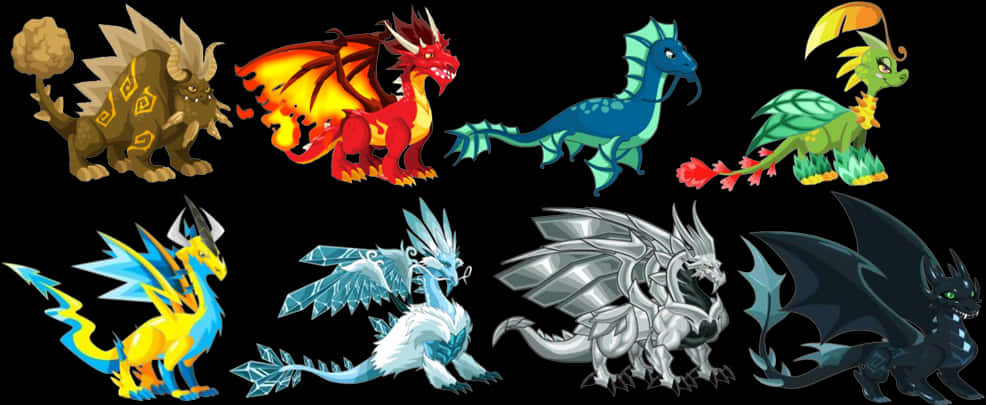 Colorful Cartoon Dragons Collection PNG with transparent background
