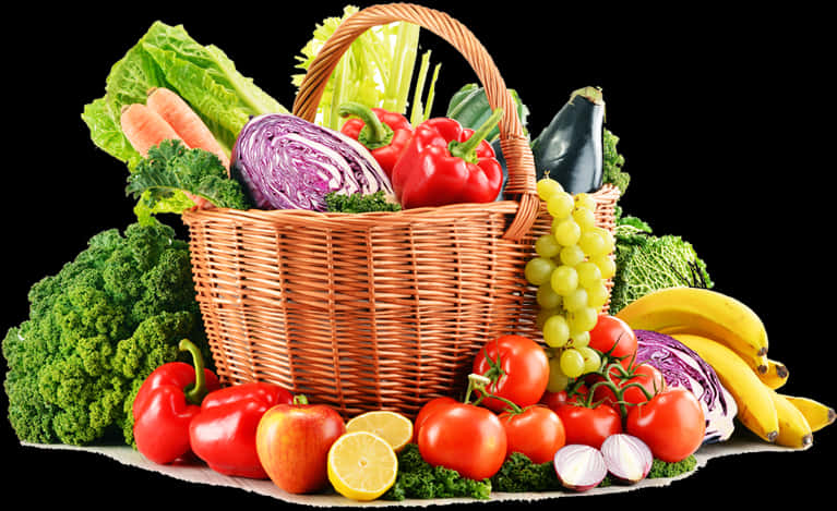 Colorful Fresh Fruitsand Vegetables Basket PNG with transparent background