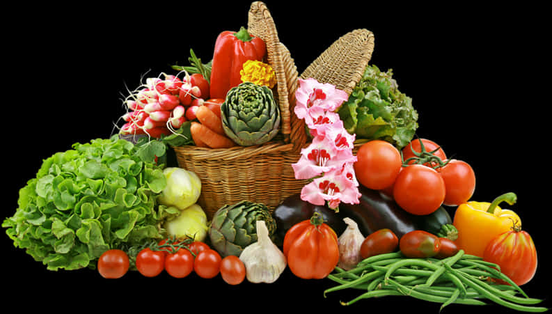 Colorful Fresh Vegetablesand Flowers Basket