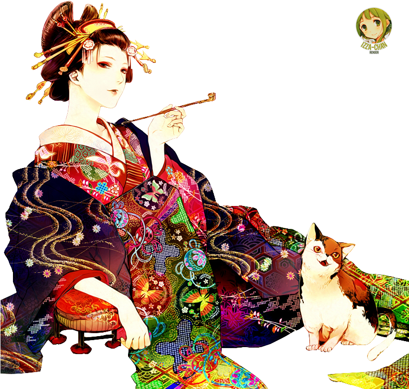 Colorful_ Geisha_with_ Cat_and_ Pipe PNG with transparent background