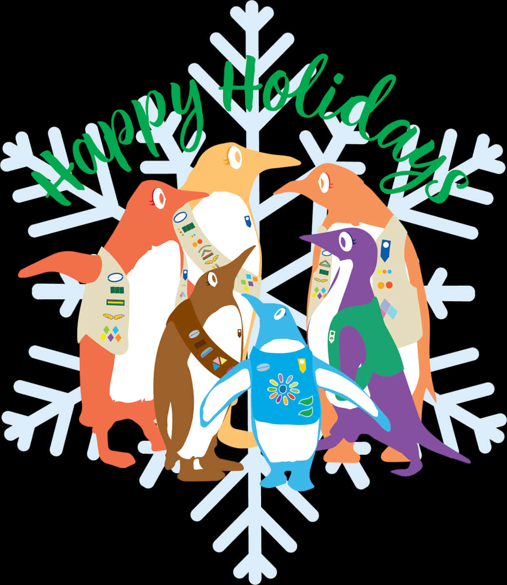Colorful Penguins Happy Holidays Snowflake PNG with transparent background