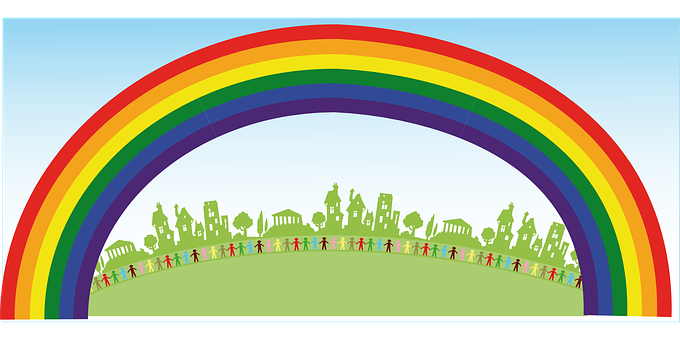 Colorful Rainbowand Silhouette Cityscape PNG with transparent background