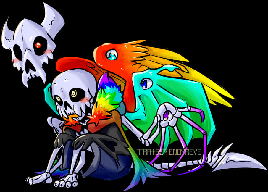 Colorful Skeletonand Creature Art PNG with transparent background
