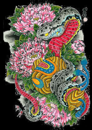 Colorful Snakeand Flowers Artwork PNG with transparent background